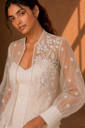 Vridhi Somaani_Ivory Organza Sweetheart Neck, Open Mila Sheer Embroidered Jacket With Jumpsuit _at_Aza_Fashions