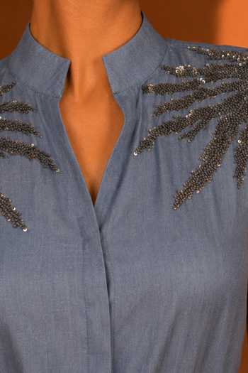 Vridhi Somaani_Blue Denim Mandarin Collar Allie Hand Embroidered Shirt And Skirt Set _Online_at_Aza_Fashions