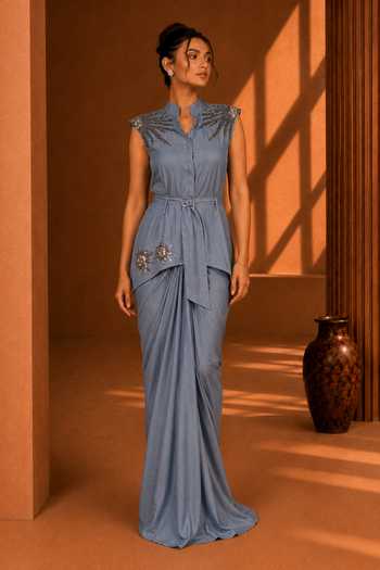 Buy_Vridhi Somaani_Blue Denim Mandarin Collar Allie Hand Embroidered Shirt And Skirt Set _Online_at_Aza_Fashions