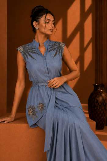 Vridhi Somaani_Blue Denim Mandarin Collar Allie Hand Embroidered Shirt And Skirt Set _at_Aza_Fashions