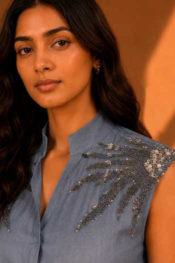 Buy_Vridhi Somaani_Blue Denim Mandarin Collar Allie Hand Embroidered Shirt And Skirt Set 