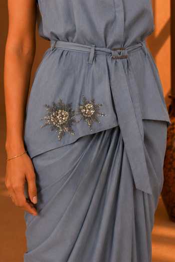 Shop_Vridhi Somaani_Blue Denim Mandarin Collar Allie Hand Embroidered Shirt And Skirt Set 