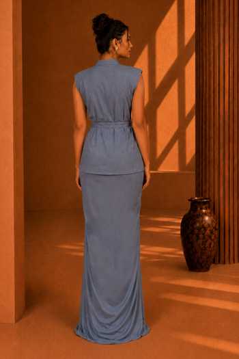 Shop_Vridhi Somaani_Blue Denim Mandarin Collar Allie Hand Embroidered Shirt And Skirt Set _at_Aza_Fashions