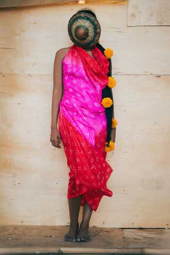Ituvana_Red Silk Cowl Neck Mimpi Sarong Skirt Set _Online_at_Aza_Fashions