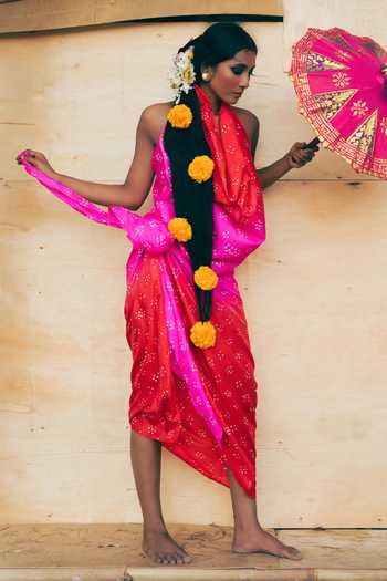 Buy_Ituvana_Red Silk Cowl Neck Mimpi Sarong Skirt Set _at_Aza_Fashions