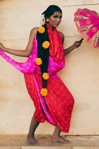 Buy_Ituvana_Red Silk Cowl Neck Mimpi Sarong Skirt Set _Online_at_Aza_Fashions