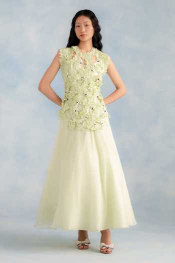 Buy_Richa Khemka_Green Organza Fabric Flowers High Neck Daphne Gown _at_Aza_Fashions