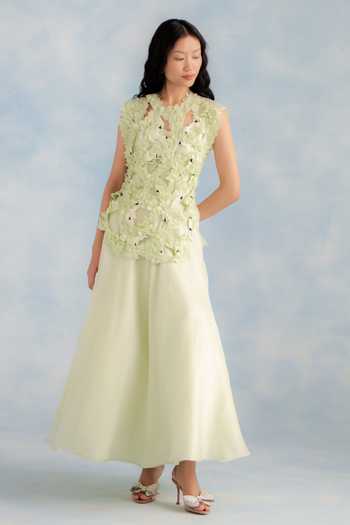 Shop_Richa Khemka_Green Organza Fabric Flowers High Neck Daphne Gown _at_Aza_Fashions
