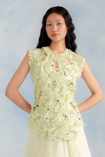 Buy_Richa Khemka_Green Organza Fabric Flowers High Neck Daphne Gown _Online_at_Aza_Fashions
