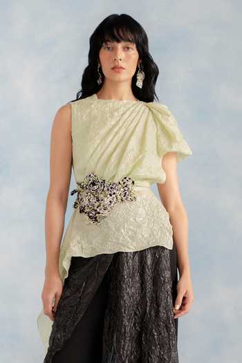 Richa Khemka_Green Silk, Georgette One Shoulder Virelle Crushed Top Pant Set _Online_at_Aza_Fashions