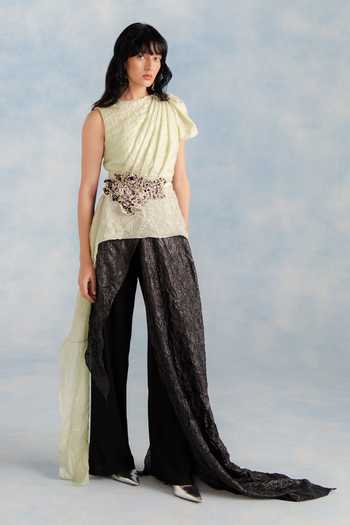 Shop_Richa Khemka_Green Silk, Georgette One Shoulder Virelle Crushed Top Pant Set _at_Aza_Fashions