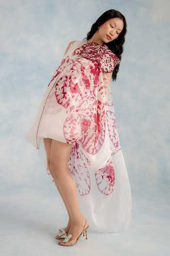 Shop_Richa Khemka_Wine Organza One Shoulder Orlina Tulip Overlay And Dress Set _at_Aza_Fashions