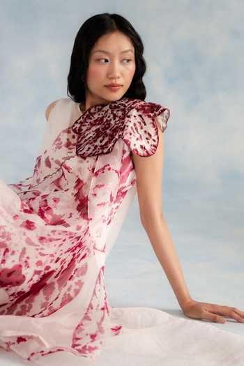 Richa Khemka_Wine Organza One Shoulder Orlina Tulip Overlay And Dress Set _Online_at_Aza_Fashions