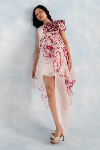 Buy_Richa Khemka_Wine Organza One Shoulder Orlina Tulip Overlay And Dress Set _at_Aza_Fashions