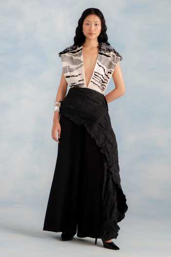 Shop_Richa Khemka_Black Organza, Georgette Plunge Neck Lisa Embroidered Jumpsuit _at_Aza_Fashions
