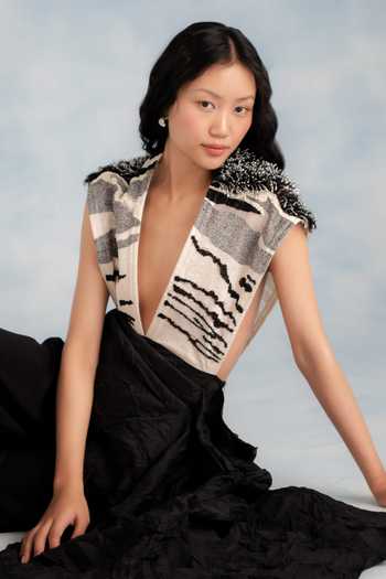 Richa Khemka_Black Organza, Georgette Plunge Neck Lisa Embroidered Jumpsuit _Online_at_Aza_Fashions