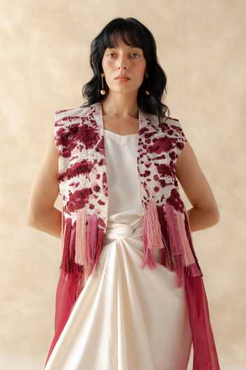 Richa Khemka_Ivory Organza, Satin Open , Square Orchida Dress With Boxy Jacket _Online_at_Aza_Fashions