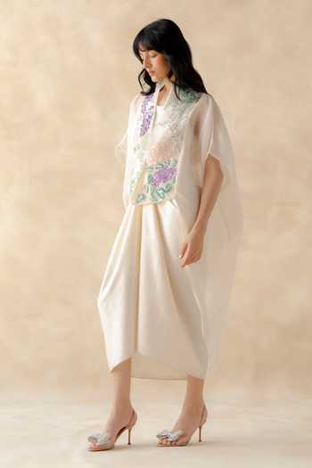 Shop_Richa Khemka_White Organza, Satin Francesca Embroidered Kaftan And Dress Set _at_Aza_Fashions