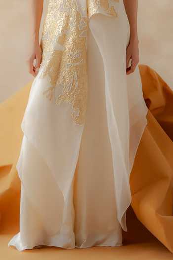 Richa Khemka_White Organza, Satin, Modal Zari V-neck Celia Embroidered Overlay And Jumpsuit Set _Online_at_Aza_Fashions