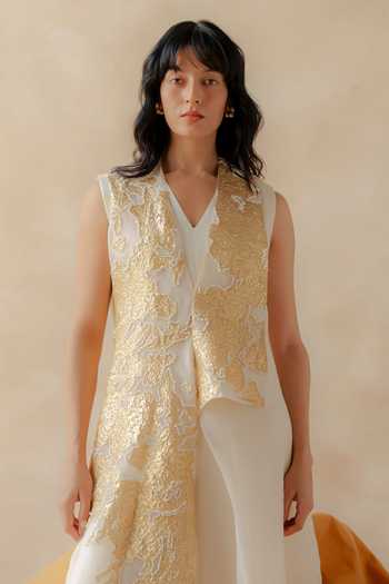 Buy_Richa Khemka_White Organza, Satin, Modal Zari V-neck Celia Embroidered Overlay And Jumpsuit Set _Online_at_Aza_Fashions