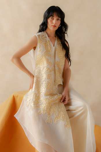 Shop_Richa Khemka_White Organza, Satin, Modal Zari V-neck Celia Embroidered Overlay And Jumpsuit Set _at_Aza_Fashions