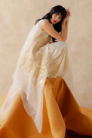 Shop_Richa Khemka_White Organza, Satin, Modal Zari V-neck Celia Embroidered Overlay And Jumpsuit Set _Online_at_Aza_Fashions