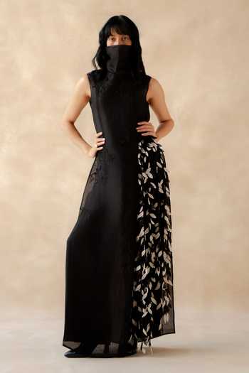 Buy_Richa Khemka_Black Organza, Georgette High Neck Celoria Slit Top And Pant Set _at_Aza_Fashions