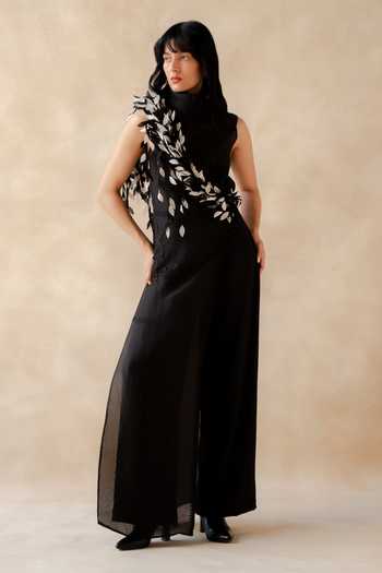 Shop_Richa Khemka_Black Organza, Georgette High Neck Celoria Slit Top And Pant Set _at_Aza_Fashions