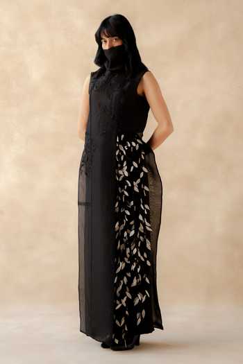 Richa Khemka_Black Organza, Georgette High Neck Celoria Slit Top And Pant Set _Online_at_Aza_Fashions