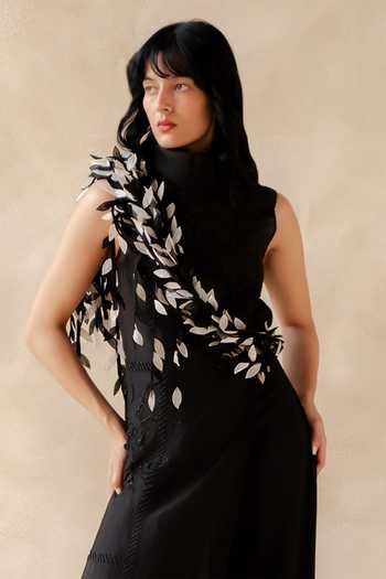 Buy_Richa Khemka_Black Organza, Georgette High Neck Celoria Slit Top And Pant Set _Online_at_Aza_Fashions
