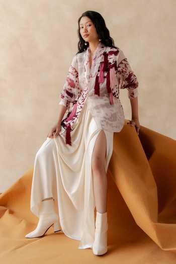 Shop_Richa Khemka_Ivory Organza, Satin Ordea Blazer And Draped Skirt Set _at_Aza_Fashions