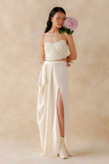 Shop_Richa Khemka_White Organza, Satin Sweetheart Neck Solace Draped Skirt Set _at_Aza_Fashions