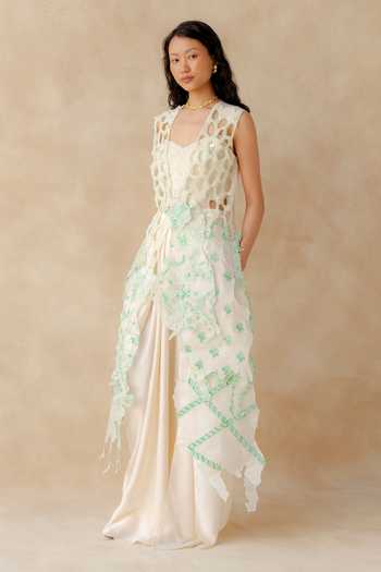 Shop_Richa Khemka_White Organza, Satin Cut Work Sweetheart Neck Willow Overlay Skirt Set _at_Aza_Fashions