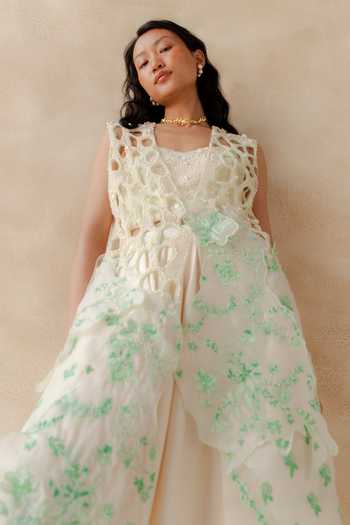 Buy_Richa Khemka_White Organza, Satin Cut Work Sweetheart Neck Willow Overlay Skirt Set _Online_at_Aza_Fashions