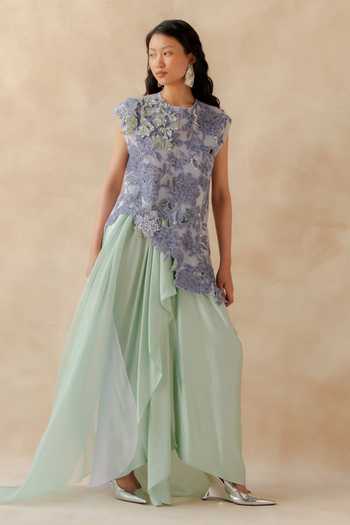 Shop_Richa Khemka_Lavender Organza, Satin, Modal Sequins, Beads, Mirrors Eloire Draped Skirt Set _at_Aza_Fashions