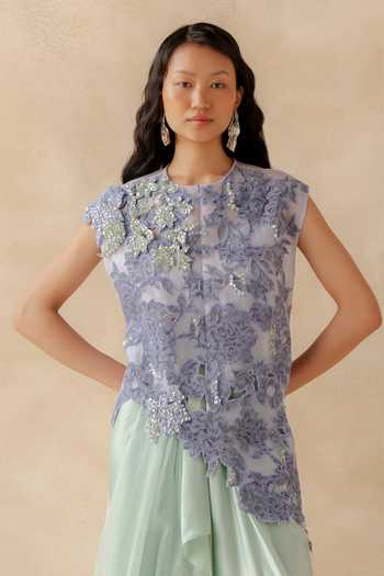 Buy_Richa Khemka_Lavender Organza, Satin, Modal Sequins, Beads, Mirrors Eloire Draped Skirt Set _Online_at_Aza_Fashions