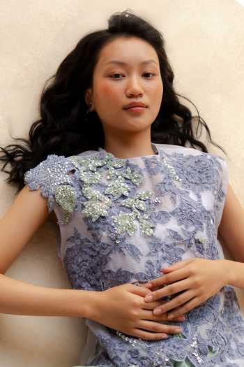 Shop_Richa Khemka_Lavender Organza, Satin, Modal Sequins, Beads, Mirrors Eloire Draped Skirt Set _Online_at_Aza_Fashions