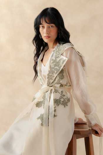 Richa Khemka_Green Organza, Satin V-neck Velace Coat With Dress _Online_at_Aza_Fashions
