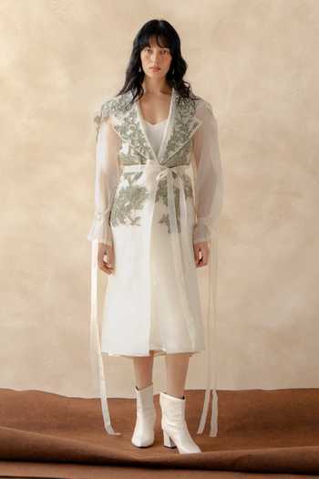 Shop_Richa Khemka_Green Organza, Satin V-neck Velace Coat With Dress _at_Aza_Fashions