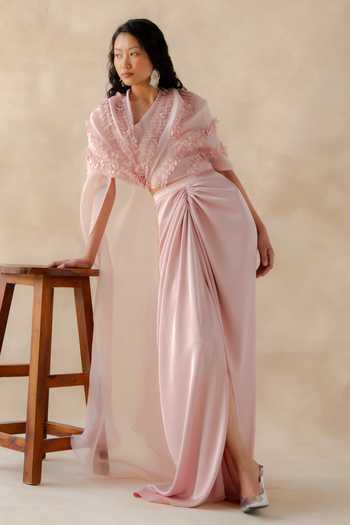 Shop_Richa Khemka_Pink Organza, Satin Chantalle Draped Skirt Set _at_Aza_Fashions