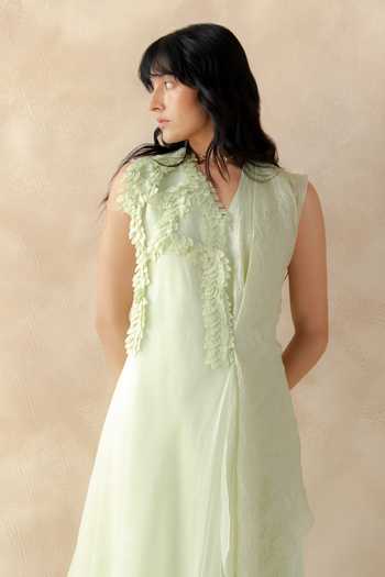 Shop_Richa Khemka_Green Silk, Modal, Satin Ruffles V-neck Ashly Crushed Overlay With Jumpsuit _at_Aza_Fashions