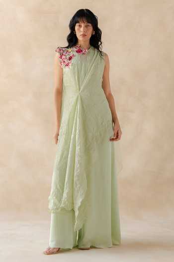 Shop_Richa Khemka_Green Silk, Satin, Modal, Taffeta Fabric Flowers Valeria Overlay With Jumpsuit _at_Aza_Fashions