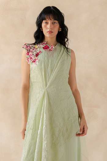 Richa Khemka_Green Silk, Satin, Modal, Taffeta Fabric Flowers Valeria Overlay With Jumpsuit _Online_at_Aza_Fashions