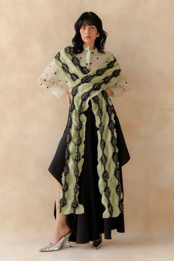 Shop_Richa Khemka_Green Organza, Georgette, Twill Button-down Neck Matchi Top And Flap Pant Set _at_Aza_Fashions