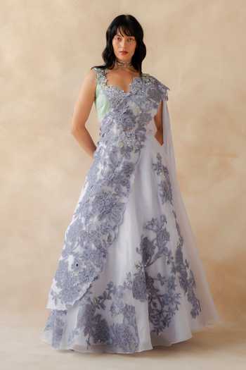 Buy_Richa Khemka_Lavender Organza Sweetheart Neck Eloise Lace Work Lehenga Set _at_Aza_Fashions