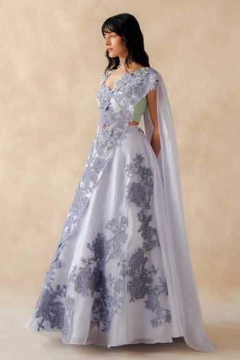 Shop_Richa Khemka_Lavender Organza Sweetheart Neck Eloise Lace Work Lehenga Set _at_Aza_Fashions