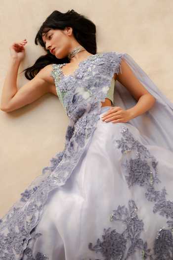 Richa Khemka_Lavender Organza Sweetheart Neck Eloise Lace Work Lehenga Set _Online_at_Aza_Fashions