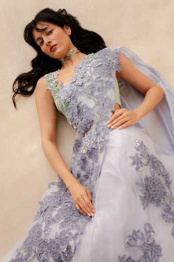 Buy_Richa Khemka_Lavender Organza Sweetheart Neck Eloise Lace Work Lehenga Set _Online_at_Aza_Fashions