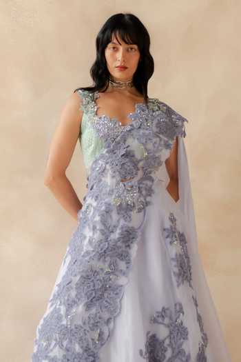 Shop_Richa Khemka_Lavender Organza Sweetheart Neck Eloise Lace Work Lehenga Set _Online_at_Aza_Fashions