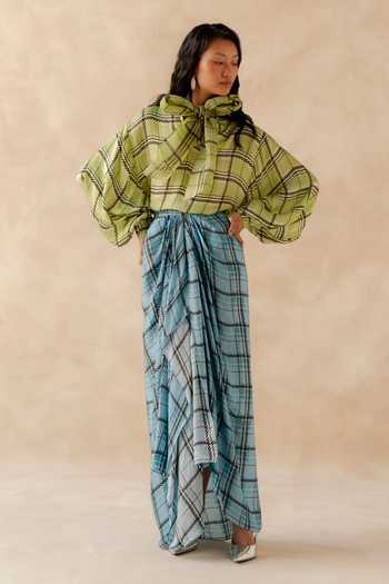 Buy_Richa Khemka_Green Organza, Satin High Neck Amari Plaid Top And Skirt Set _at_Aza_Fashions
